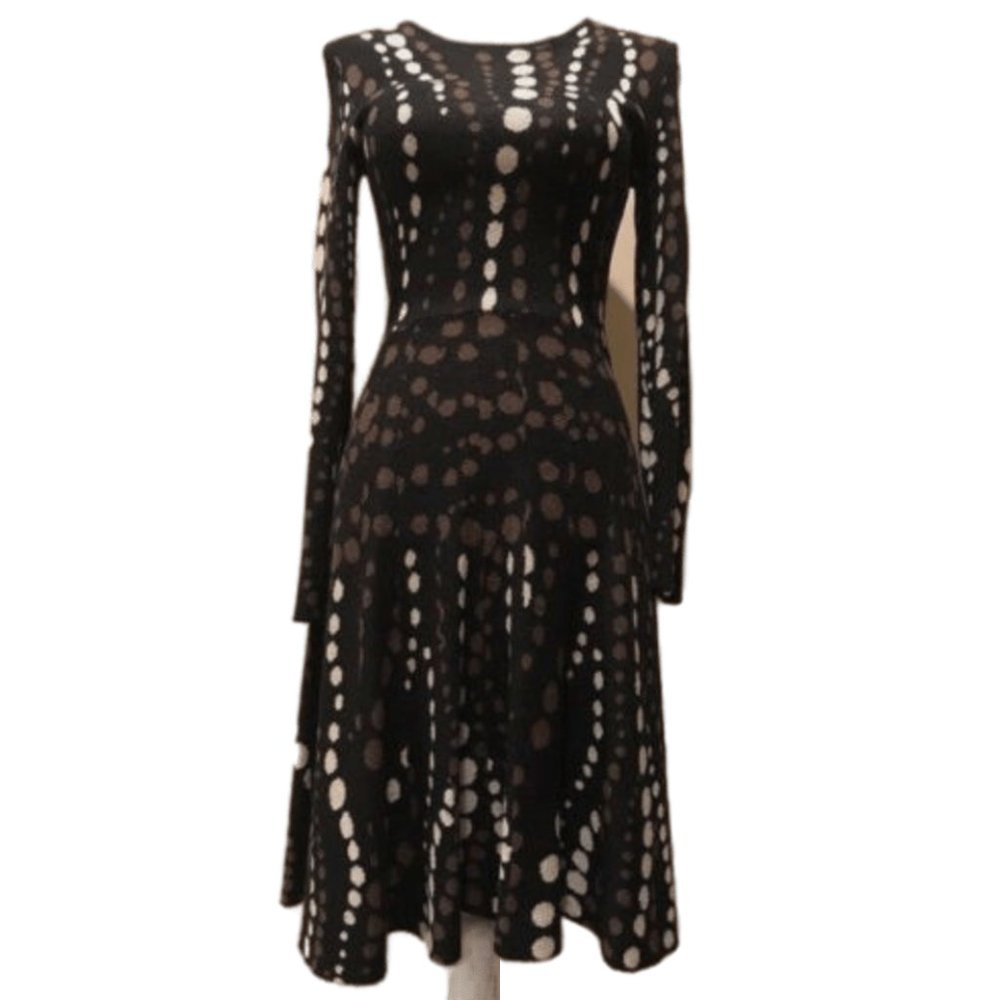 NWT Cynthia Rowley Black Brown Ivory Polka Dot Fit Flare A-line Jersey Dress XS - Picture 2 of 8